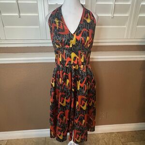 Vintage Bettie Page XL Halter Swing Dress Black Orange Boomerang Print Retro Mod